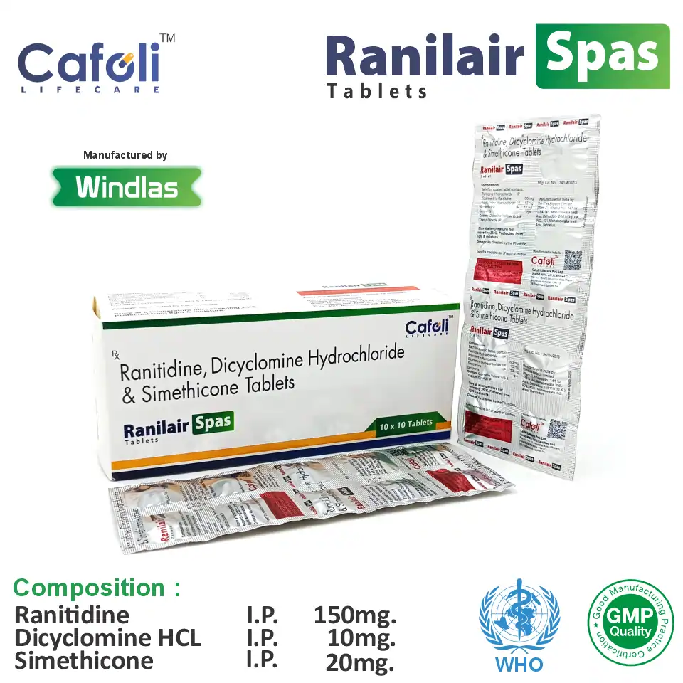 Dicyclomine (10mg) + Ranitidine (150mg) + Simethicone (20mg) Ranilair Spas Tablet at best price in PCD Pharma Franchise for gastrointestinal disorders.